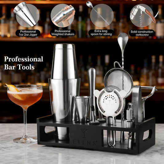 Etens® Cocktail Shaker Set Drink Mixer Bar Accessories – 15Pcs Mixology Bartender Kit Includes Boston Shaker, Japanese Jigger, Strainer, Bottle Opener, Cocktail Mixing Spoon – Handcrafted Wood Stand