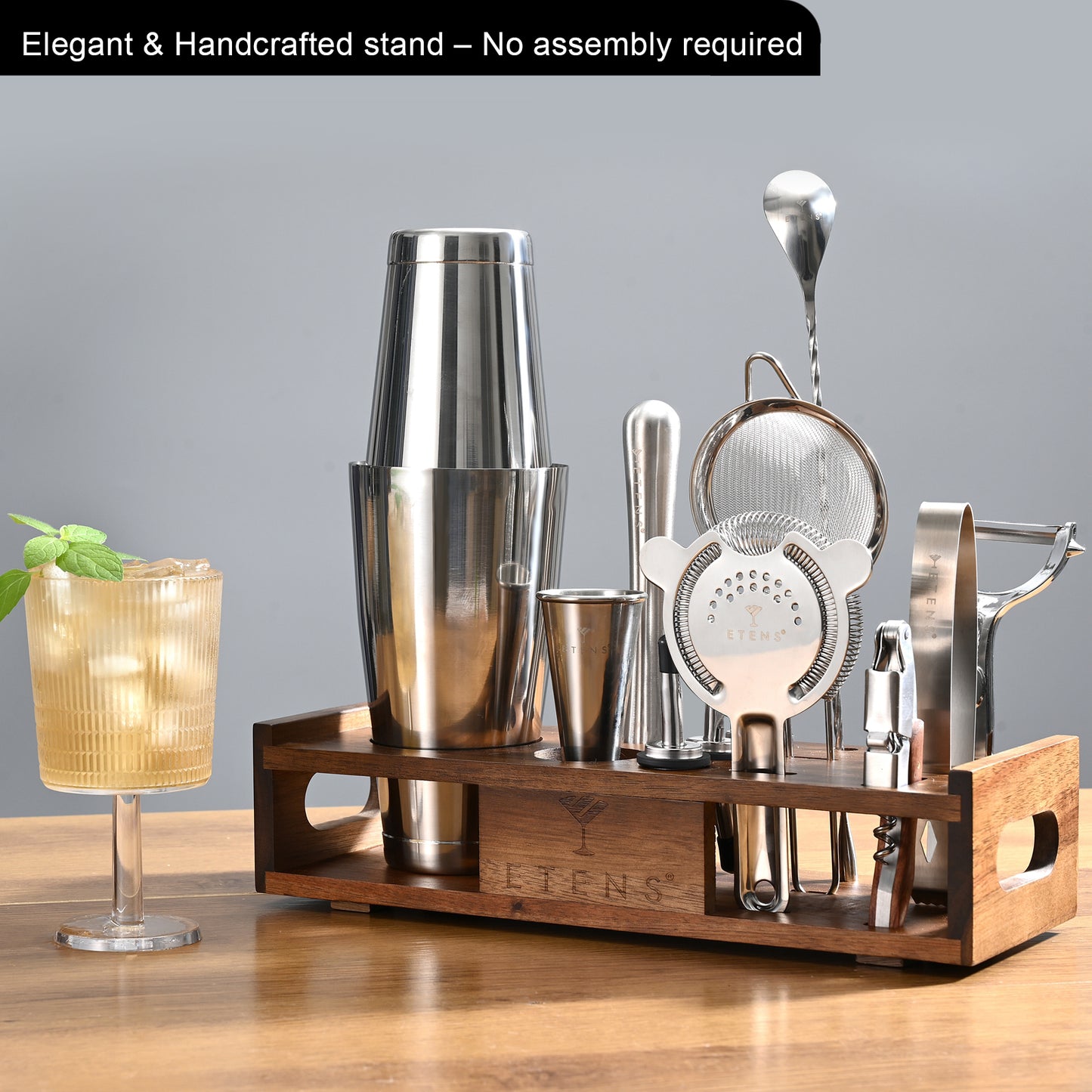 Etens Premium 15-Piece Mixology Bartender Kit – Stainless Steel Cocktail Shaker Set with Wooden Stand | Professional Boston Shaker Bar Tool Set for Home & Expert Mixologists | Luxury Cocktail Making Gift