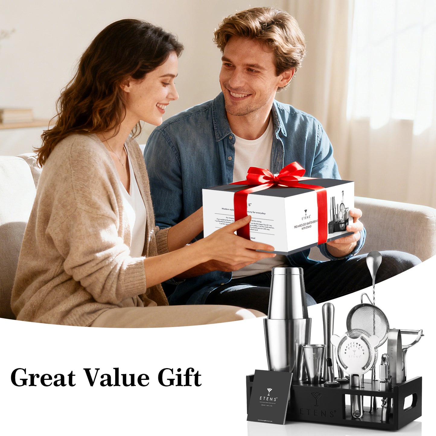 Etens® Cocktail Shaker Set Drink Mixer Bar Accessories – 15Pcs Mixology Bartender Kit Includes Boston Shaker, Japanese Jigger, Strainer, Bottle Opener, Cocktail Mixing Spoon – Handcrafted Wood Stand