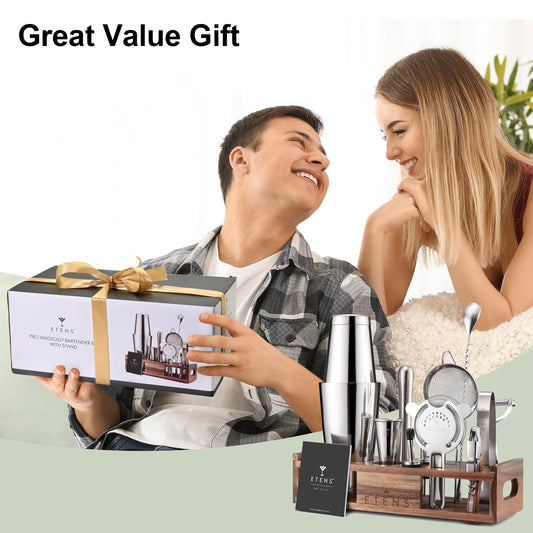 Etens Premium 15-Piece Mixology Bartender Kit – Stainless Steel Cocktail Shaker Set with Wooden Stand | Professional Boston Shaker Bar Tool Set for Home & Expert Mixologists | Luxury Cocktail Making Gift