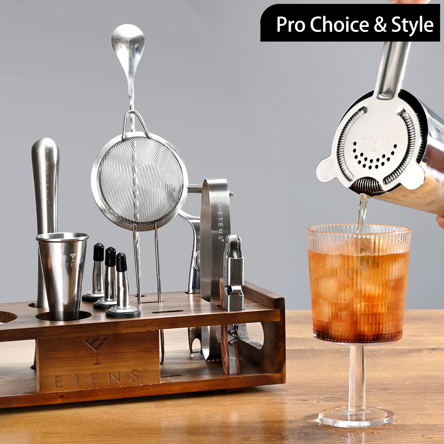 Etens Premium 15-Piece Mixology Bartender Kit – Stainless Steel Cocktail Shaker Set with Wooden Stand | Professional Boston Shaker Bar Tool Set for Home & Expert Mixologists | Luxury Cocktail Making Gift