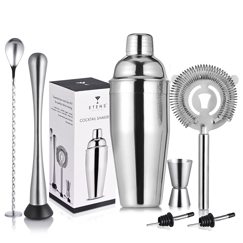 Etens Basic Cocktail Shaker Set, 8pc Mixology Bartender Kit Bar Set for Drink Mixing, Bartending Tools Gifts: Stainless Steel Martini Shaker, Muddler, Strainer, Jigger, Pourer, Mixer Spoon, Recipe