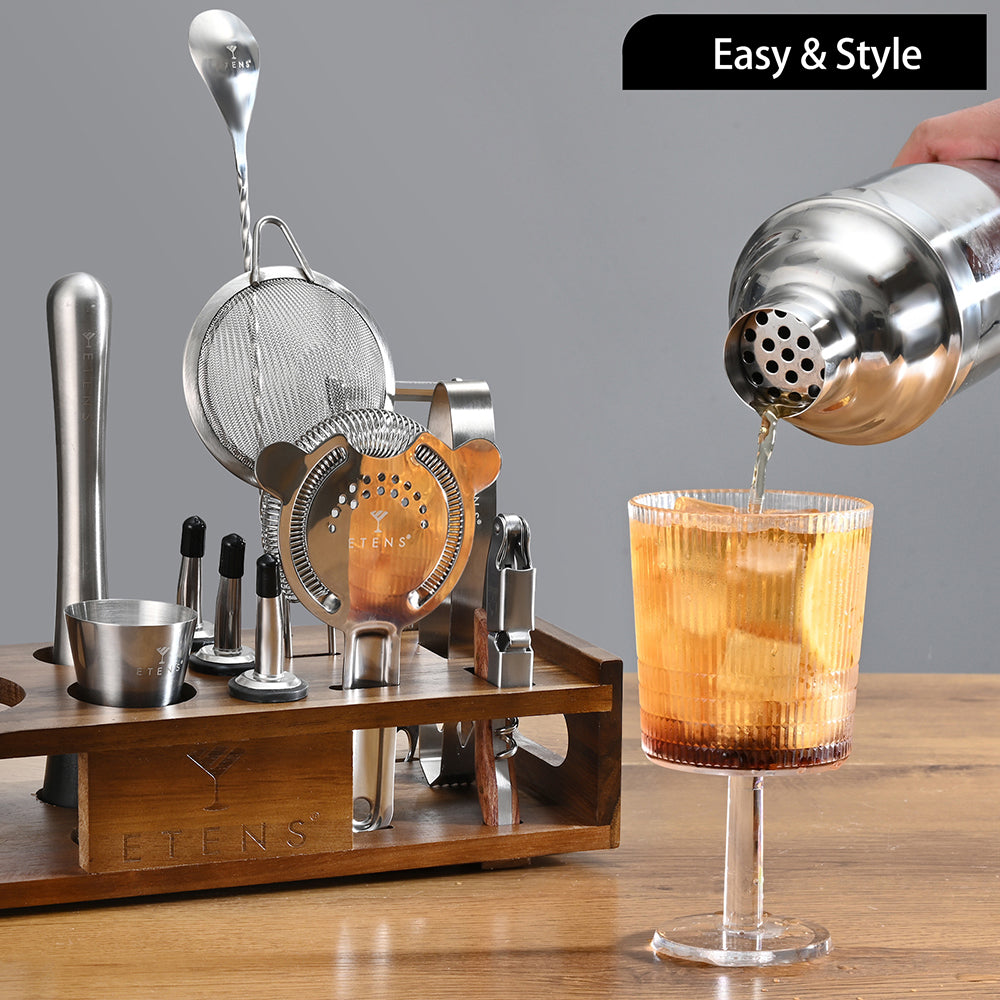 Etens Mixology Bartender Kit | Cocktail Shaker Set with Stand, Martini Bar Tools Set with Organizer for Home | Drinks Mixing Making for Shakers Bartending | Barware Gift – Cobbler, Silver