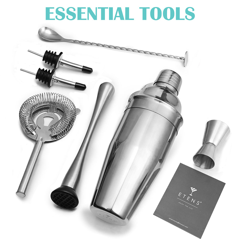 Etens Basic Cocktail Shaker Set, 8pc Mixology Bartender Kit Bar Set for Drink Mixing, Bartending Tools Gifts: Stainless Steel Martini Shaker, Muddler, Strainer, Jigger, Pourer, Mixer Spoon, Recipe