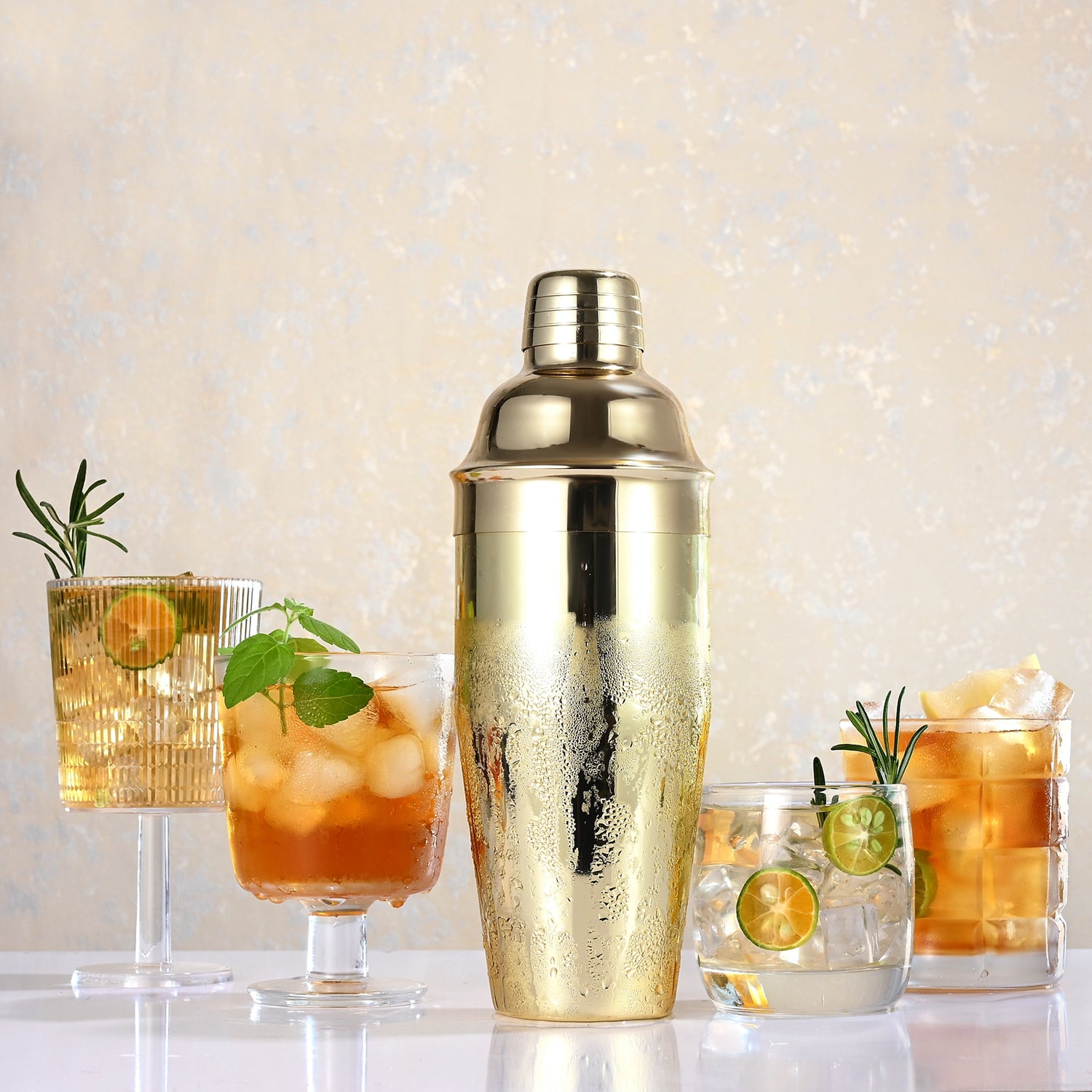 Stainless Steel Cocktail Shaker and Martini Glass Set, Gold and