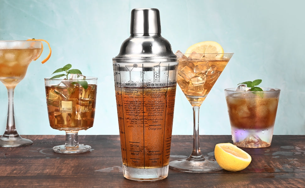 Shaker à cocktail en verre avec recette de boisson imprimée, tasse de  shaker en verre mixte de mesure de 14 oz