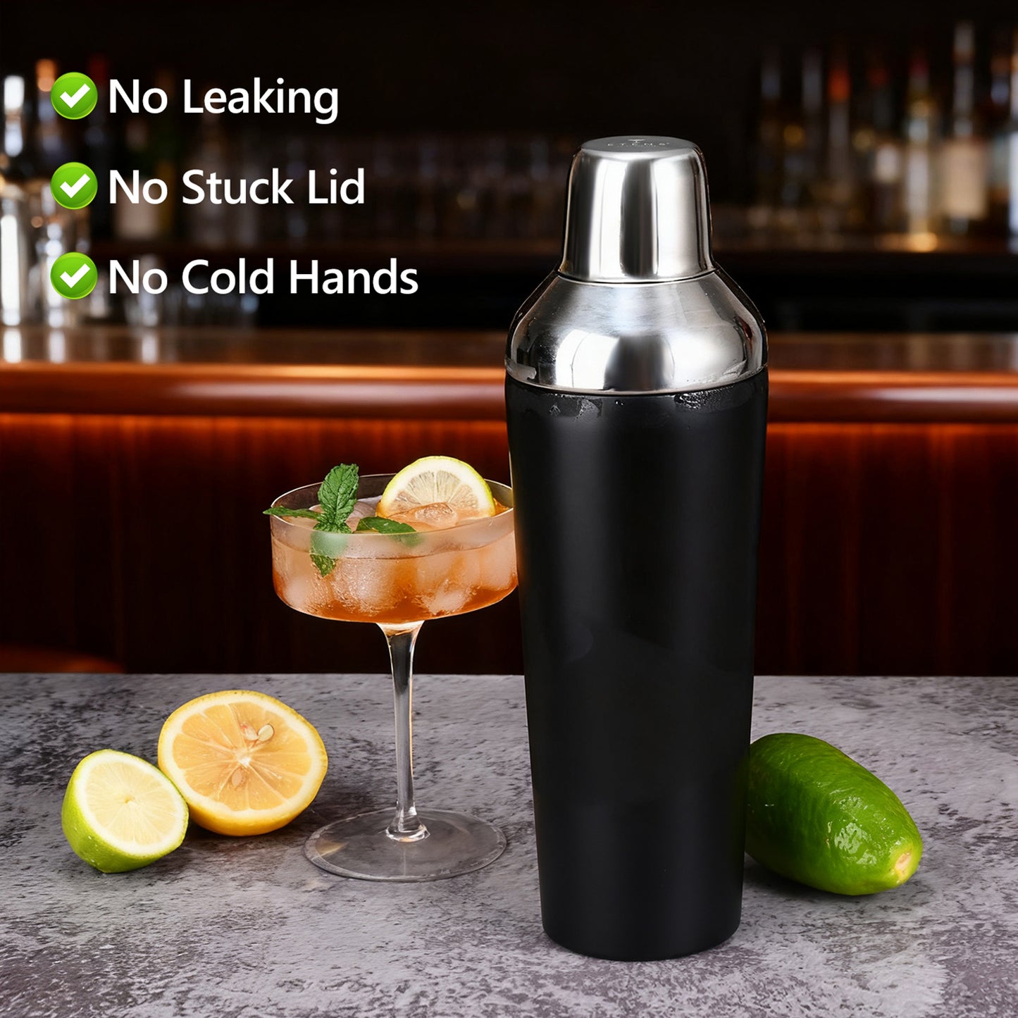 Insulated Cocktail Shaker Black - 23oz Double Wall Vacuum Stainless Steel Martini Shaker with Built-in Strainer &amp; Jigger Lid, Pro Leak-Proof Weighted Shaker for Home Bar, Premium Bar Gift Set