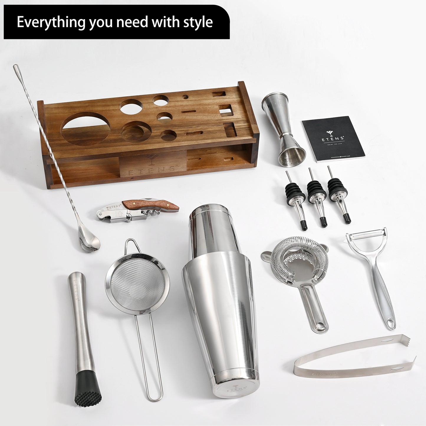 Etens Premium 15-Piece Mixology Bartender Kit – Stainless Steel Cocktail Shaker Set with Wooden Stand | Professional Boston Shaker Bar Tool Set for Home & Expert Mixologists | Luxury Cocktail Making Gift