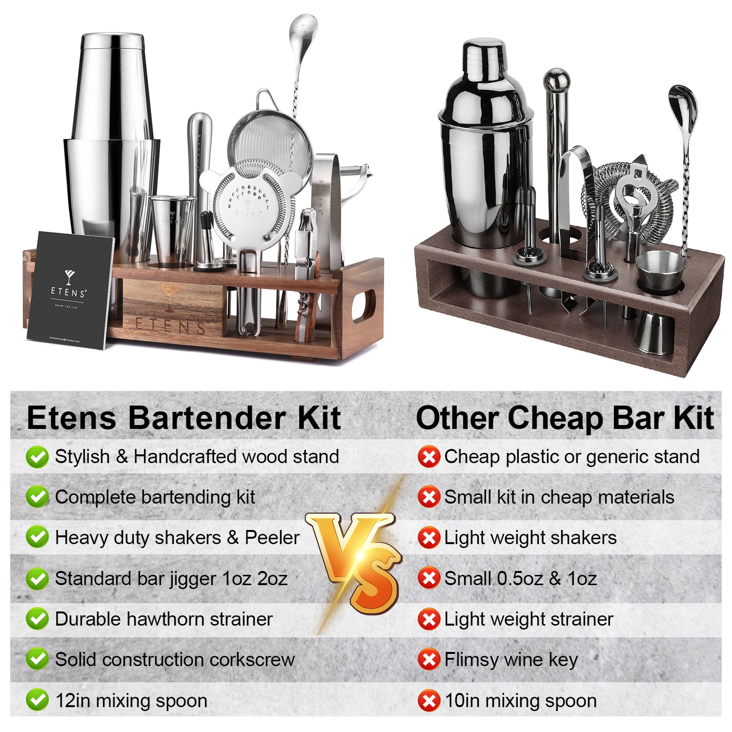 Etens Premium 15-Piece Mixology Bartender Kit – Stainless Steel Cocktail Shaker Set with Wooden Stand | Professional Boston Shaker Bar Tool Set for Home & Expert Mixologists | Luxury Cocktail Making Gift