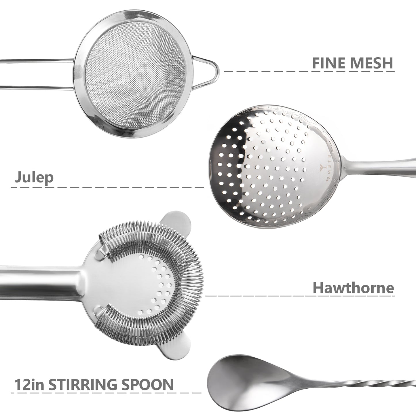 Cocktail Strainer Set – Bar tools Stainless Steel Includes Hawthorne Strainer, Julep & Fine Mesh Cocktail Strainers, Mixing Spoon – Drink Shaker Strainer for Bartending