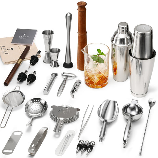 33-Piece Professional Bartender Kit with Weighted Boston Shaker – High End Mixology Set for Home Bar – Stainless Steel Barware Tool Set Unbreakable Citrus Squeezer, Ice Scoop & Mixing Glass