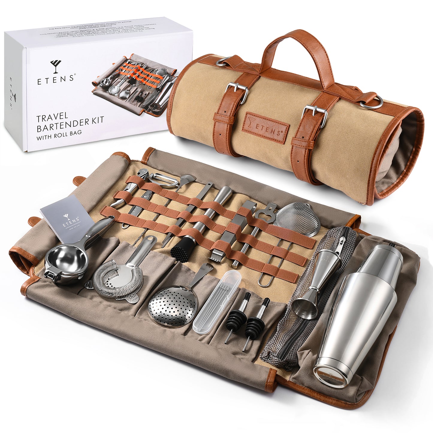 Etens® Bartender Travel Kit with Waxed Bag | 22 Piece Bar Set in Roll | Portable Cocktail Tools for Home & Travelling Bartending – Professional Boston Shakers, Unbreakable Melon Squeezer, Accessories