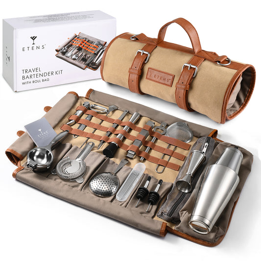 Etens® Bartender Travel Kit with Waxed Bag | 22 Piece Bar Set in Roll | Portable Cocktail Tools for Home & Travelling Bartending – Professional Boston Shakers, Unbreakable Melon Squeezer, Accessories