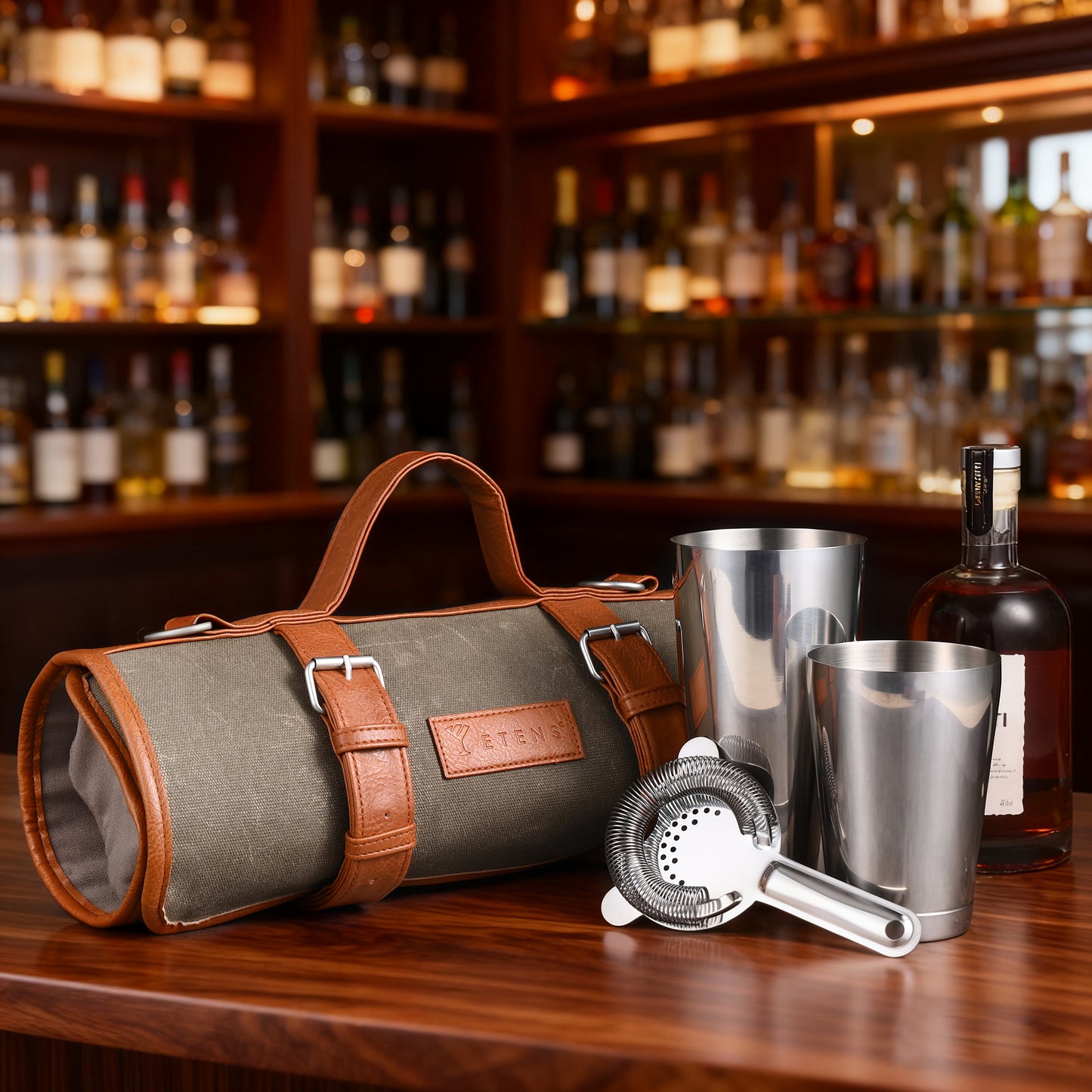 Etens® Travel Bartender Kit – 22-Pc Bartending Kit with Bar Tools Bartender Accessories, Waxed Canvas Tool Bag – Professional Stainless Steel Bar Tools Set with Standard Jigger, Unbreakable Squeezer