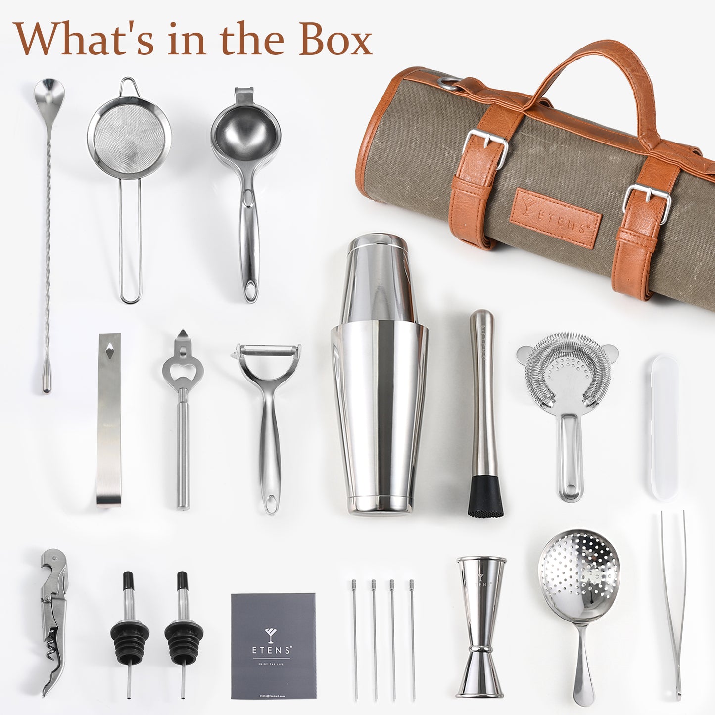 Etens® Travel Bartender Kit – 22-Pc Bartending Kit with Bar Tools Bartender Accessories, Waxed Canvas Tool Bag – Professional Stainless Steel Bar Tools Set with Standard Jigger, Unbreakable Squeezer