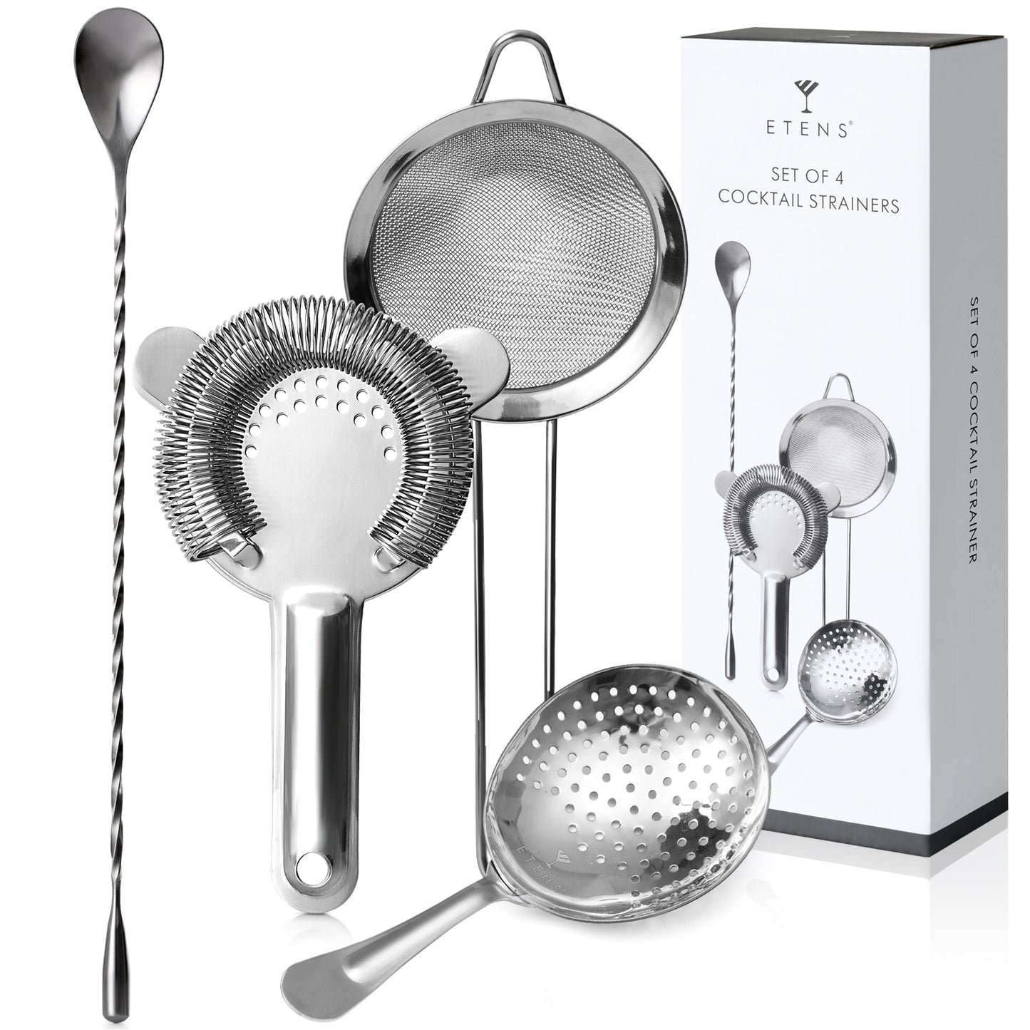 Cocktail Strainer Set – Bar tools Stainless Steel Includes Hawthorne Strainer, Julep & Fine Mesh Cocktail Strainers, Mixing Spoon – Drink Shaker Strainer for Bartending