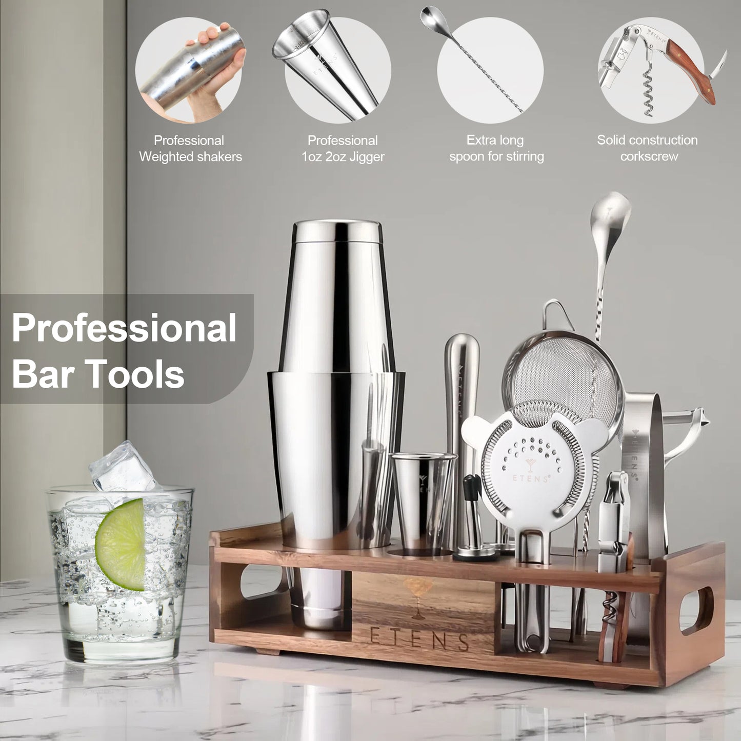 Etens Premium 15-Piece Mixology Bartender Kit – Stainless Steel Cocktail Shaker Set with Wooden Stand | Professional Boston Shaker Bar Tool Set for Home & Expert Mixologists | Luxury Cocktail Making Gift