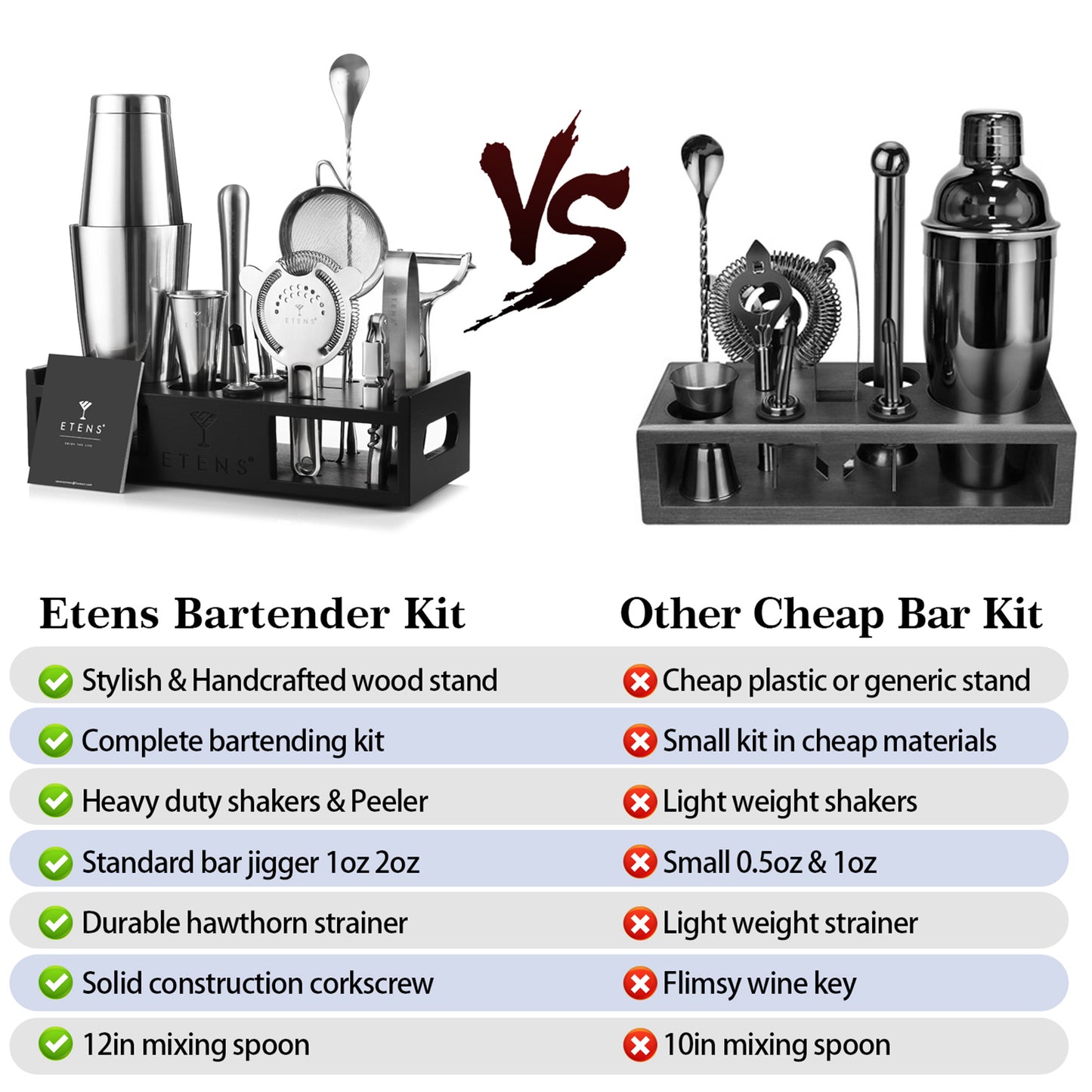 Etens® Cocktail Shaker Set Drink Mixer Bar Accessories – 15Pcs Mixology Bartender Kit Includes Boston Shaker, Japanese Jigger, Strainer, Bottle Opener, Cocktail Mixing Spoon – Handcrafted Wood Stand