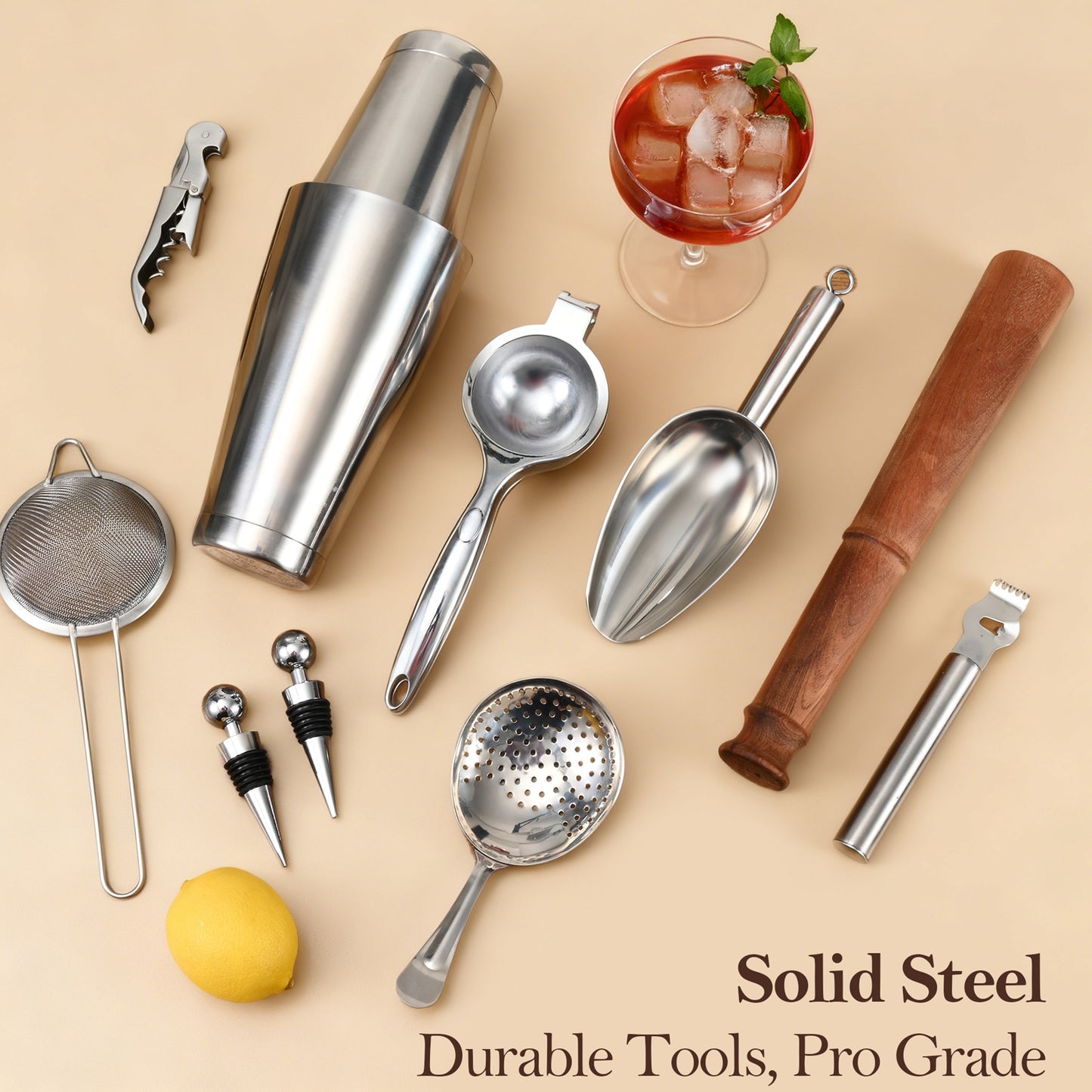 33-Piece Professional Bartender Kit with Weighted Boston Shaker – High End Mixology Set for Home Bar – Stainless Steel Barware Tool Set Unbreakable Citrus Squeezer, Ice Scoop & Mixing Glass