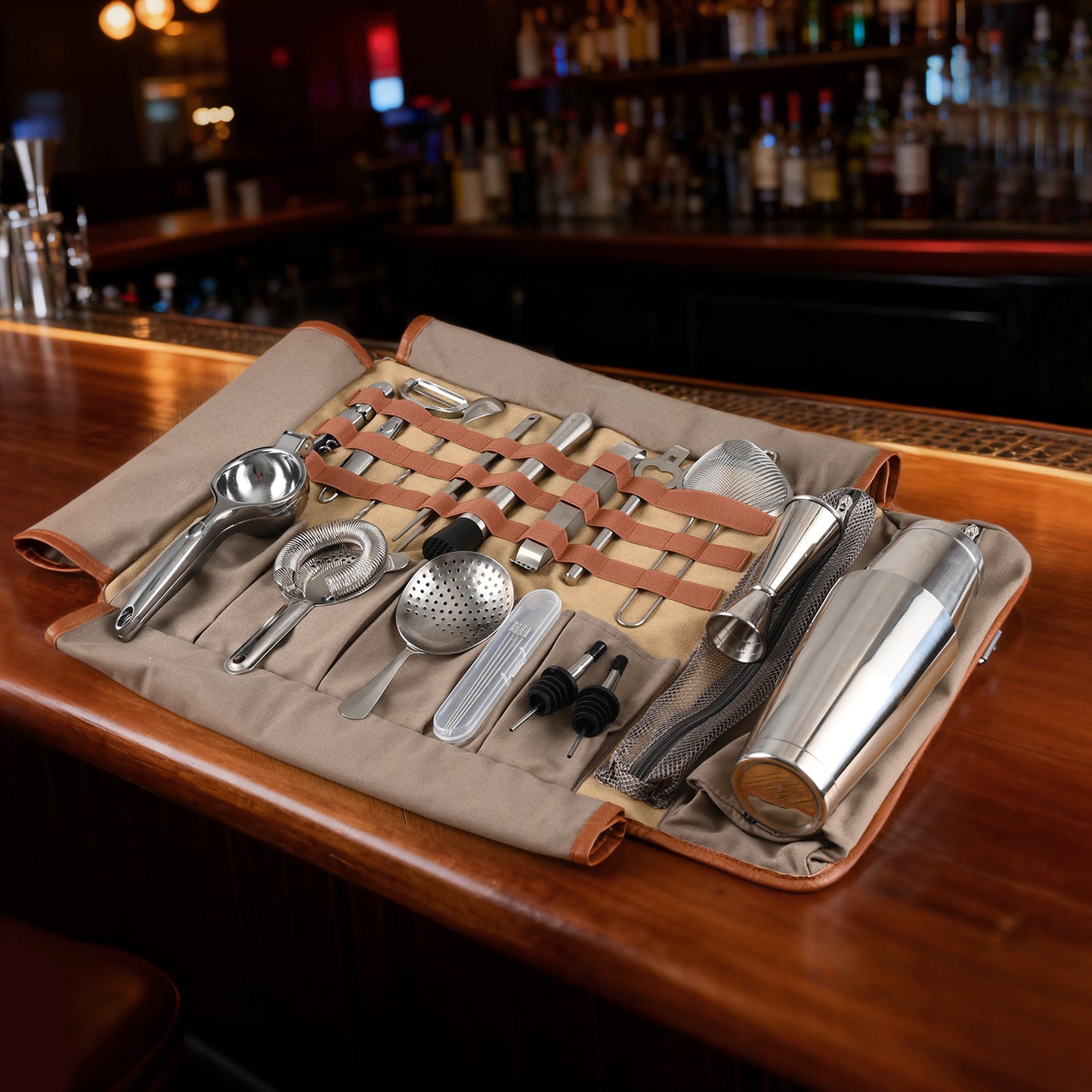 Etens® Bartender Travel Kit with Waxed Bag | 22 Piece Bar Set in Roll | Portable Cocktail Tools for Home & Travelling Bartending – Professional Boston Shakers, Unbreakable Melon Squeezer, Accessories