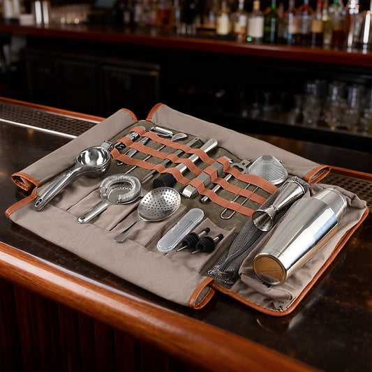 Etens® Travel Bartender Kit – 22-Pc Bartending Kit with Bar Tools Bartender Accessories, Waxed Canvas Tool Bag – Professional Stainless Steel Bar Tools Set with Standard Jigger, Unbreakable Squeezer
