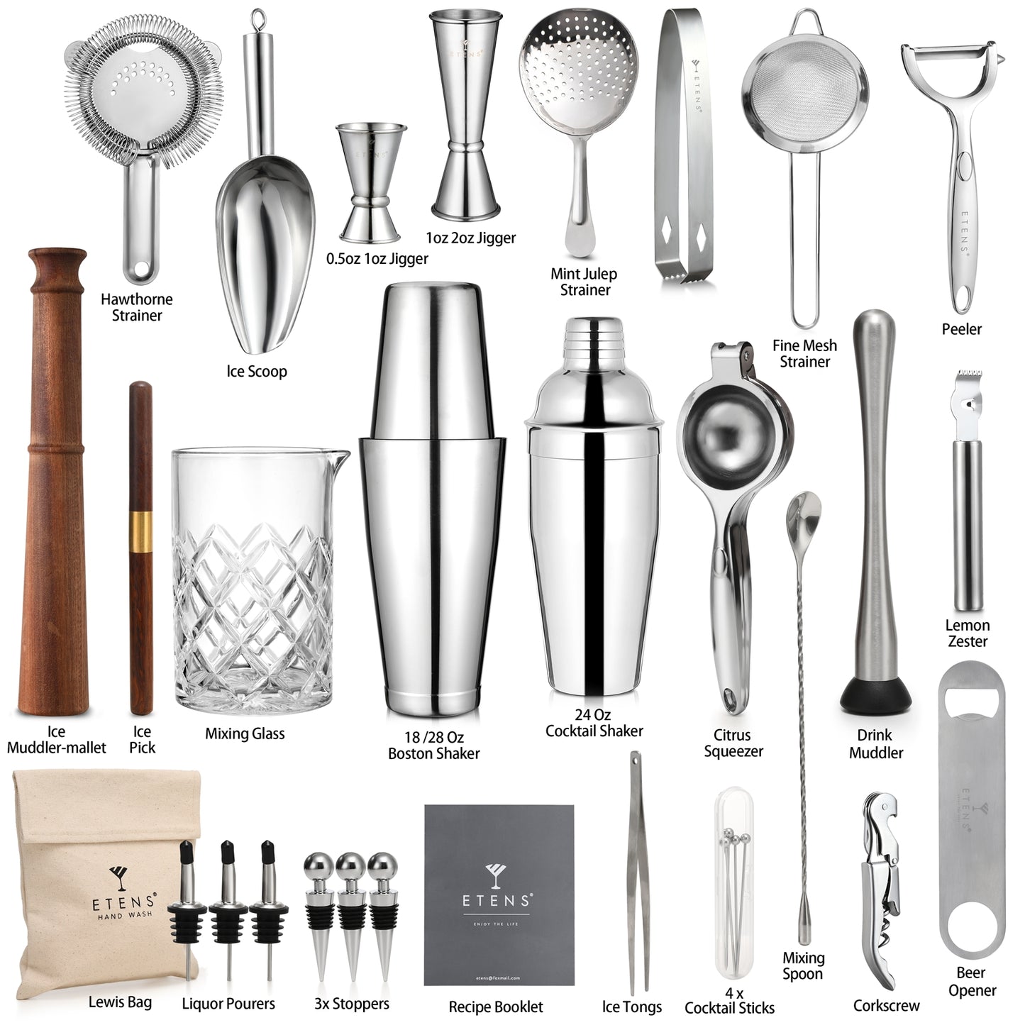 33-Piece Professional Bartender Kit with Weighted Boston Shaker – High End Mixology Set for Home Bar – Stainless Steel Barware Tool Set Unbreakable Citrus Squeezer, Ice Scoop & Mixing Glass