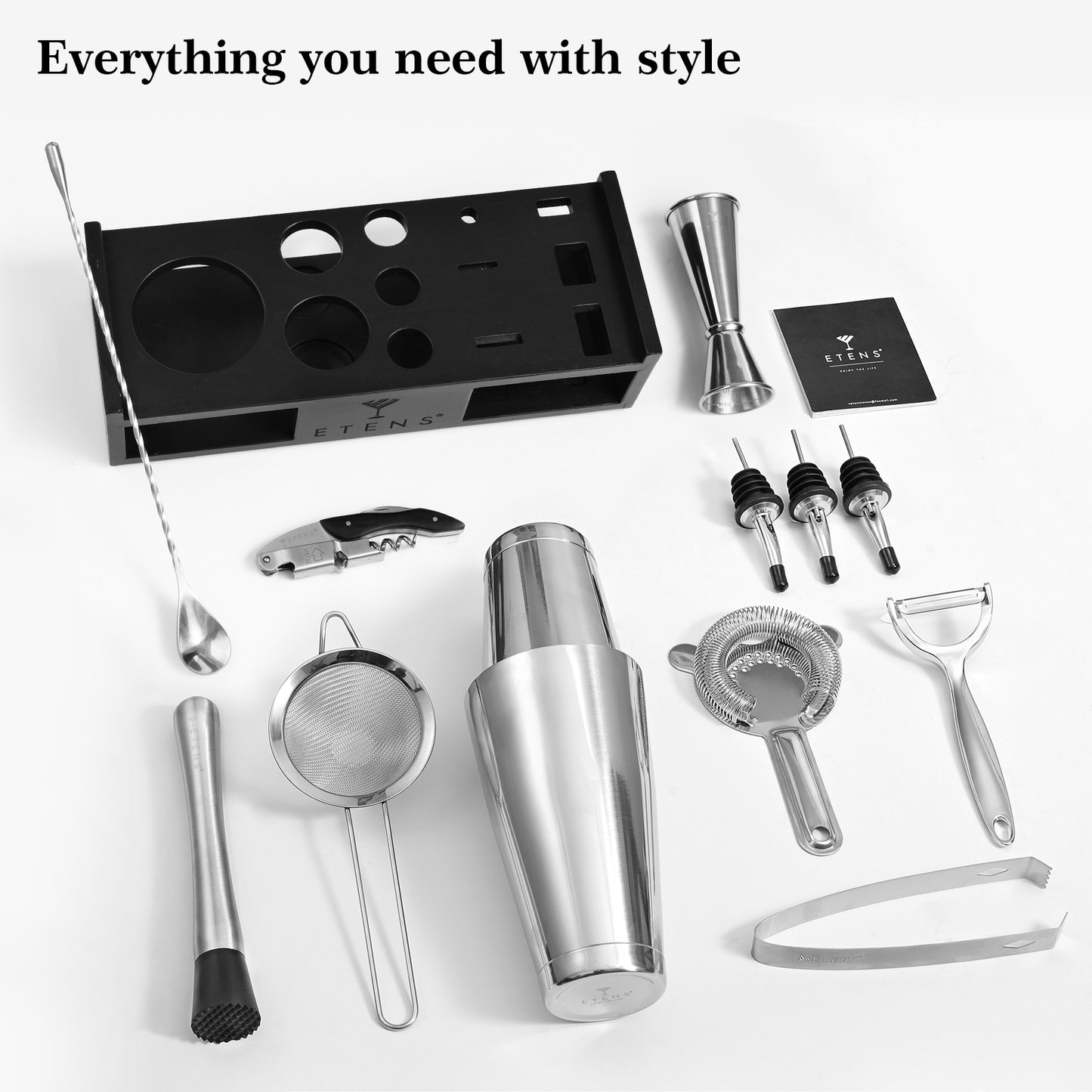 Etens® Cocktail Shaker Set Drink Mixer Bar Accessories – 15Pcs Mixology Bartender Kit Includes Boston Shaker, Japanese Jigger, Strainer, Bottle Opener, Cocktail Mixing Spoon – Handcrafted Wood Stand