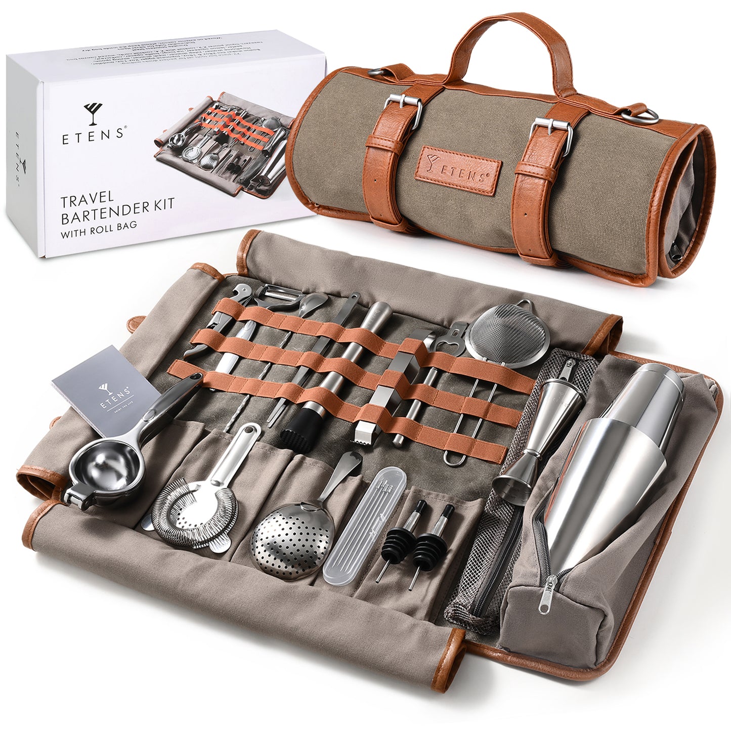 Etens® Travel Bartender Kit – 22-Pc Bartending Kit with Bar Tools Bartender Accessories, Waxed Canvas Tool Bag – Professional Stainless Steel Bar Tools Set with Standard Jigger, Unbreakable Squeezer