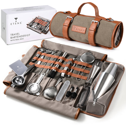 Etens® Travel Bartender Kit – 22-Pc Bartending Kit with Bar Tools Bartender Accessories, Waxed Canvas Tool Bag – Professional Stainless Steel Bar Tools Set with Standard Jigger, Unbreakable Squeezer