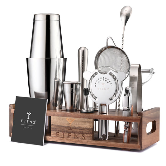 Etens Mixology Bartender Kit | Boston Cocktail Shaker Set with Stand, Bar Tool Set with Organizer for Home Drink Mixing Making | Professional Martini Tins Bartending | Barman Barware Gift - Silver